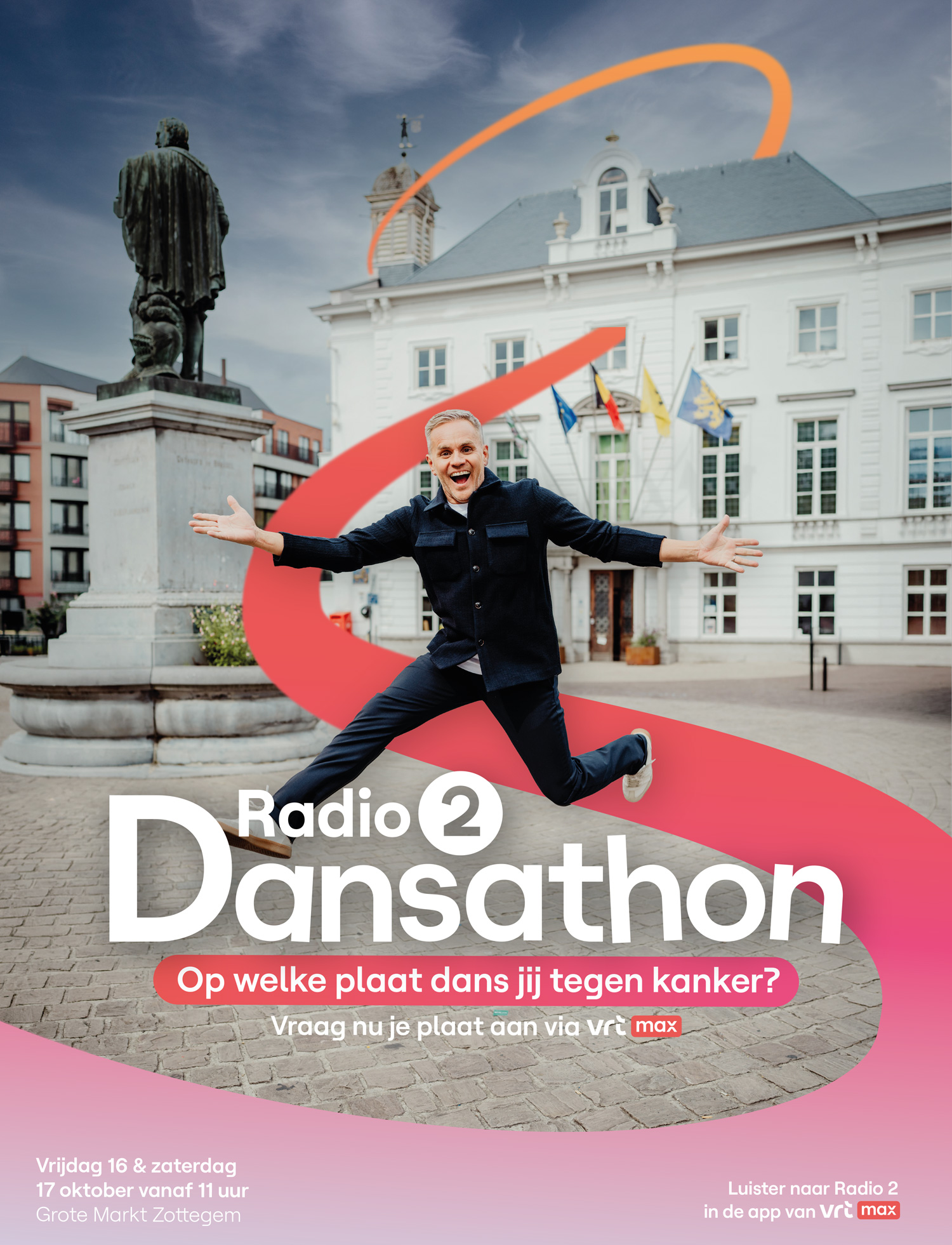Affiche Radio 2 Dansathon 2026 met Peter Van de Veire op de Markt van Zottegem